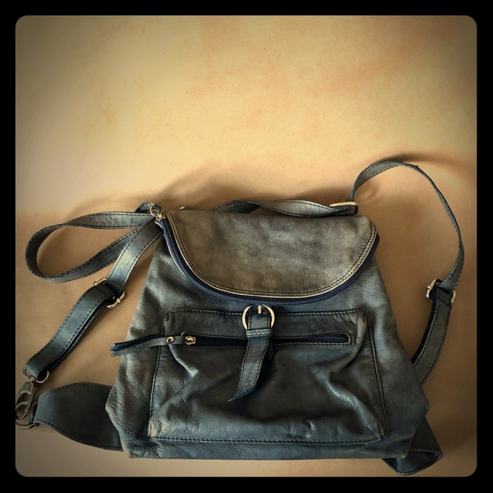 Distressed blue leather backpack purse
